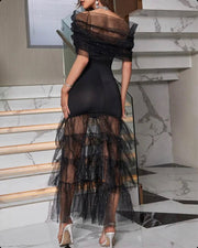 فستان ماكسي طويل بطبقات مكشوف الكتف - أسود