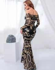 فستان سهرة ترتر طويل مكشوف الكتف - Miss Fashion X