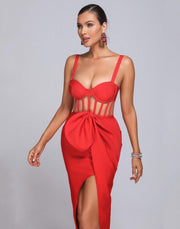فستان بوديكون بتطريز أمامي شفاف - أحمر - Miss Fashion X