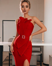 فستان بوديكون ميدي بحزام خصر - أحمر - Miss Fashion X