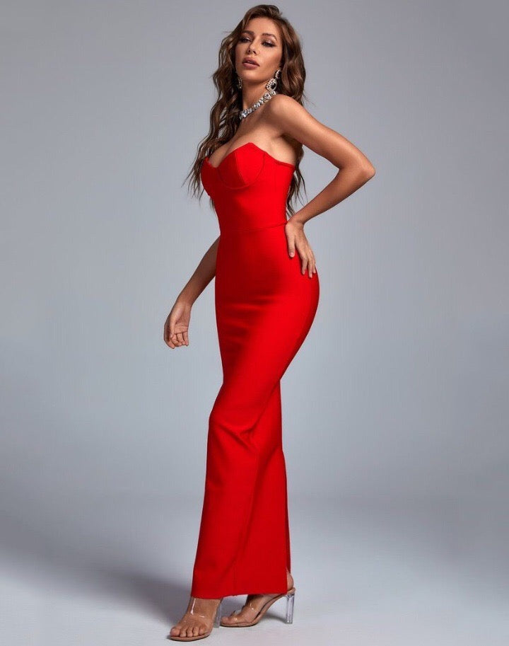 فستان بوديكون طويل مكشوف الكتف - أحمر - Miss Fashion X