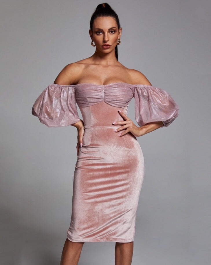 فستان لورين ميدي مخمل - وردي - Miss Fashion X