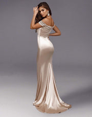 فستان ساتين سهرة طويل مكشوف الكتف - Miss Fashion X