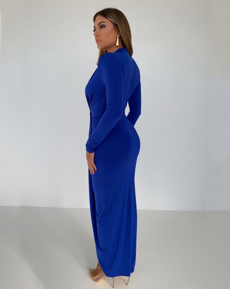 فستان سهرة طويل بفتحة صدر - أزرق - Miss Fashion X