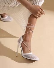 حذاء كعب عالي شبك بأشرطة أمامية - أبيض - Miss Fashion X