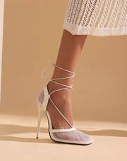 حذاء كعب عالي شبك بأشرطة أمامية - أبيض - Miss Fashion X
