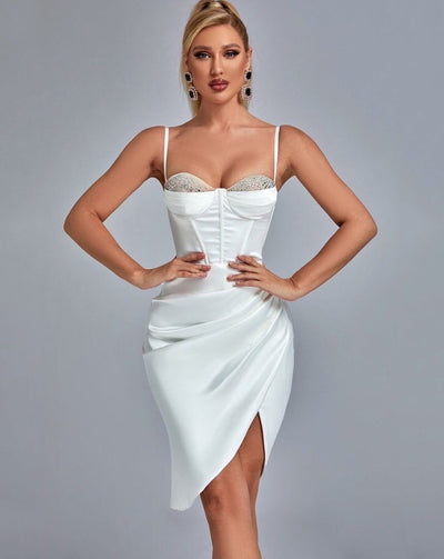فستان ساتين ديزاين قصير- أبيض - Miss Fashion X
