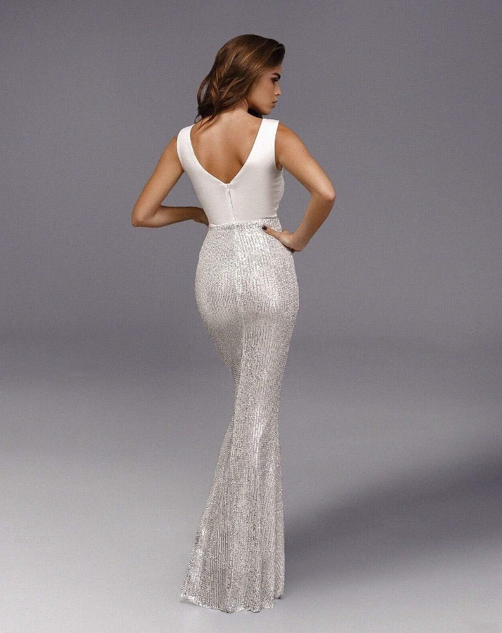 فستان سهرة ترتر طويل برقبة مفتوحة  - أبيض - Miss Fashion X