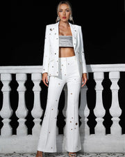 طقم فاشن مطرز جاكيت وبنطال واسع - أبيض - Miss Fashion X