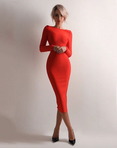 فستان بوديكون ميدي مكشوف الظهر - أحمر - Miss Fashion X