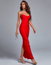 فستان بوديكون طويل مكشوف الكتف - أحمر - Miss Fashion X