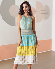 فستان ميدي برقبة مدورة متعدد الألوان - Miss Fashion X