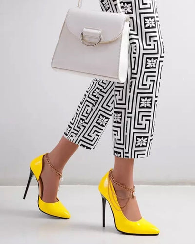 حذاء كعب عالي بسلاسل ذهبية - أصفر - Miss Fashion X
