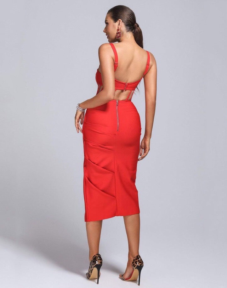 فستان بوديكون بتطريز أمامي شفاف - أحمر - Miss Fashion X