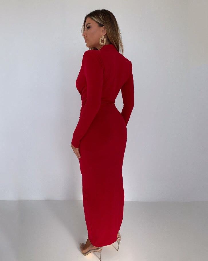 فستان سهرة طويل بفتحة صدر - أحمر - Miss Fashion X