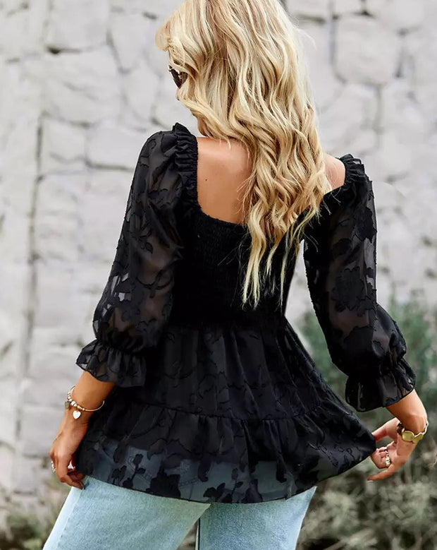 بلوزة نسائية كاجوال بأكمام شفافة - أسود - Miss Fashion X